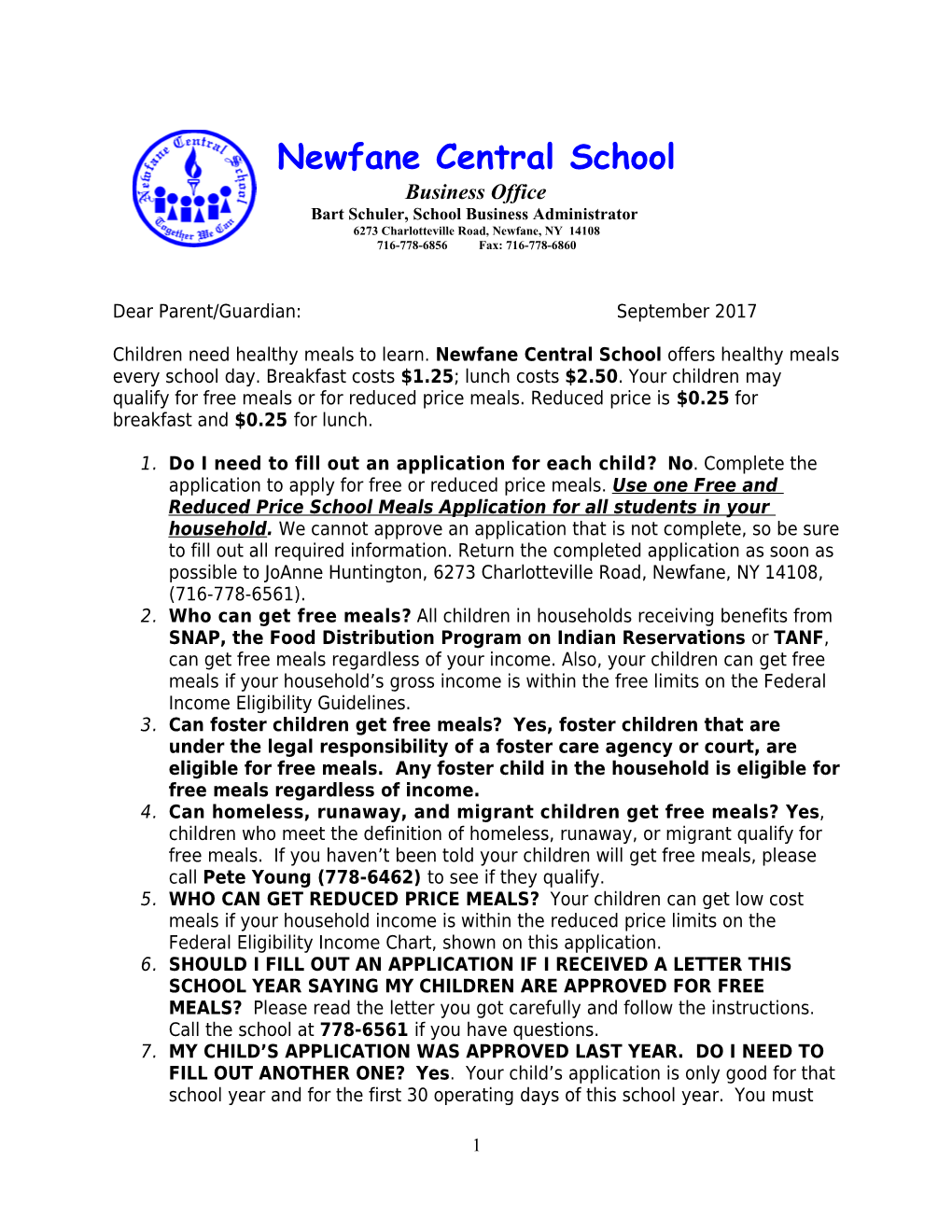 Letter to Parents for School Meal Programs