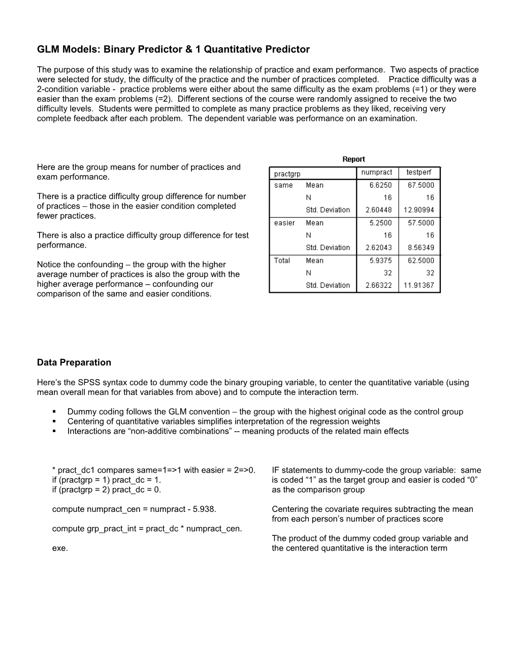 ANCOVA Using SPSS Regression & General Linear Model