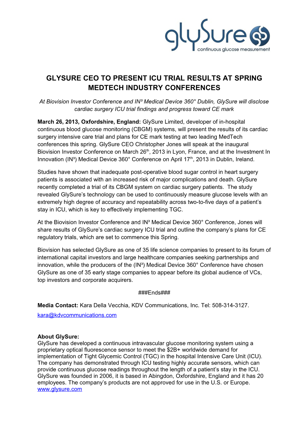 Glysure Ceo to Present Icu Trialresults at Spring Medtechindustry Conferences