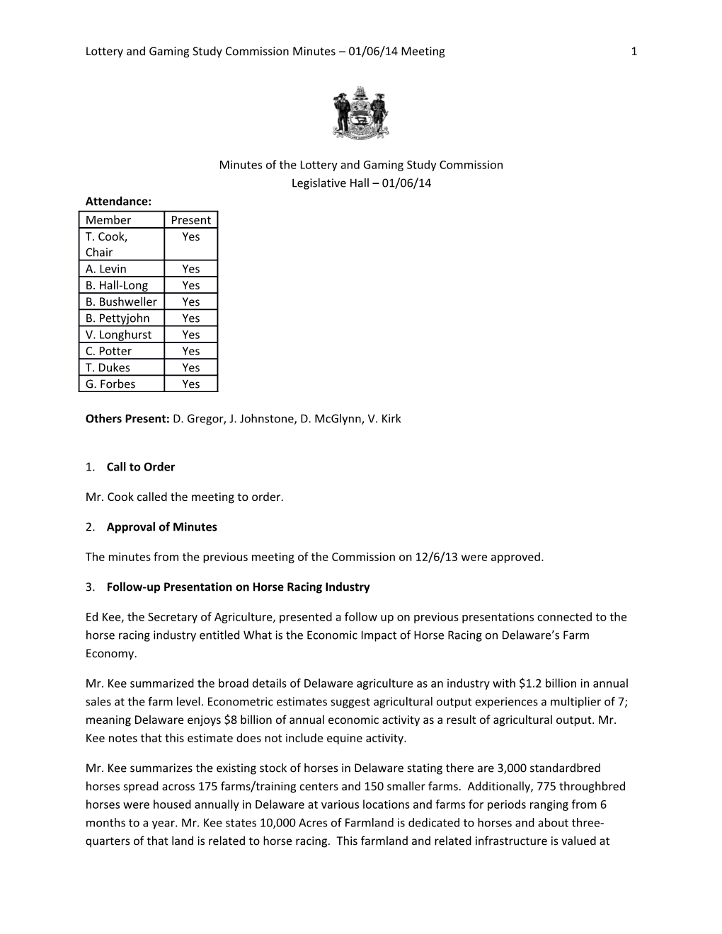 Lottery and Gaming Study Commission Minutes 01/06/14 Meeting 1