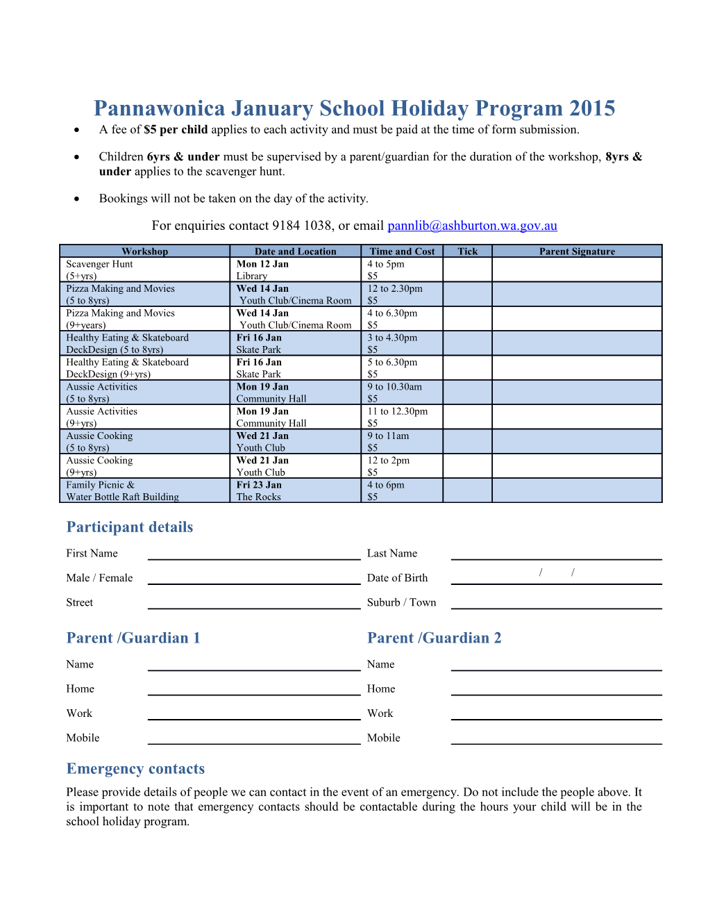 Pannawonica January School Holiday Program 2015