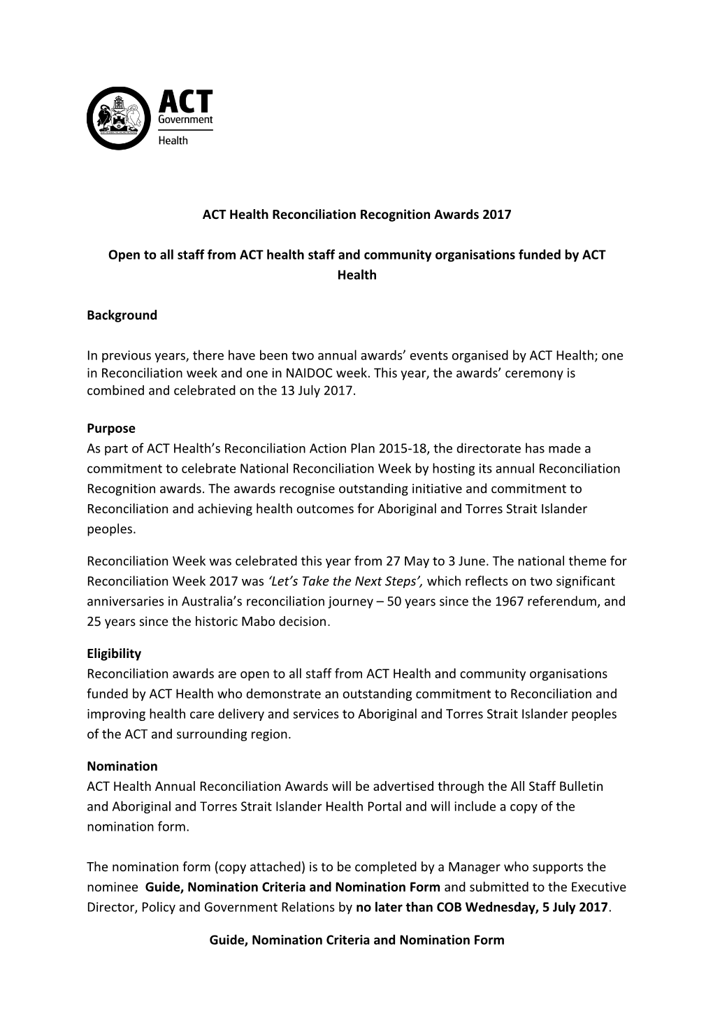 ACT Health Reconciliation Recognition Awards 2017