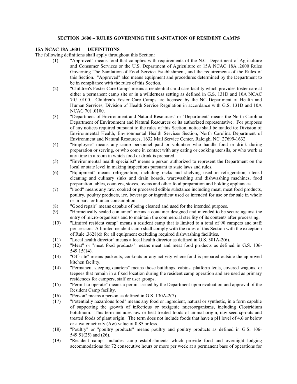 SECTION .3600 Rules Governing the SANITATION of Resident CAMPS