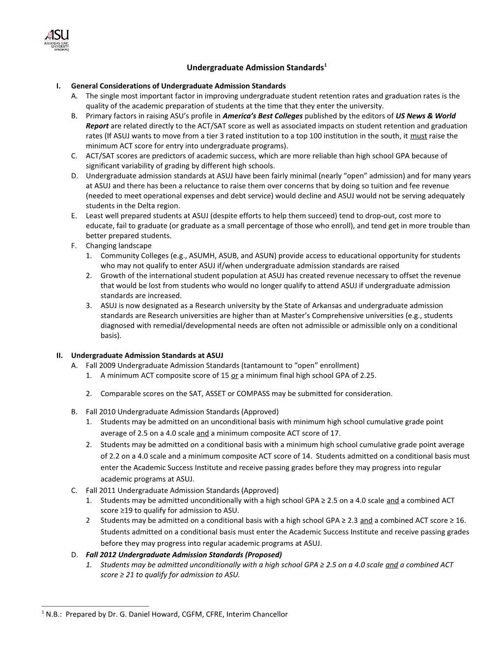 I.General Considerations of Undergraduate Admission Standards