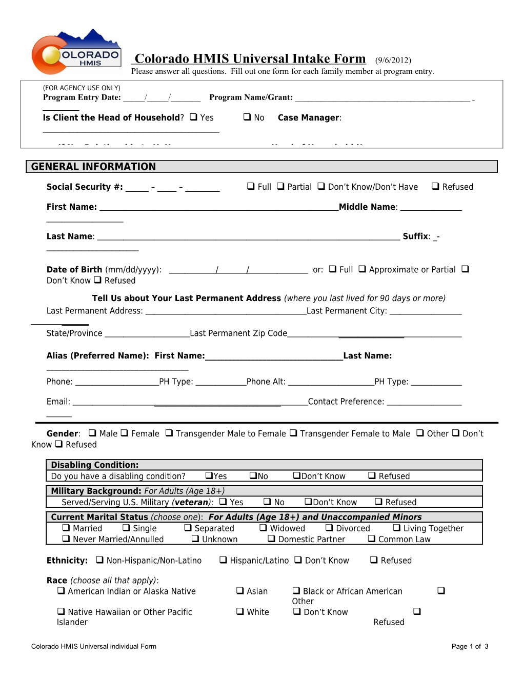 Colorado HMIS Universal Intake Form (9/6/2012)