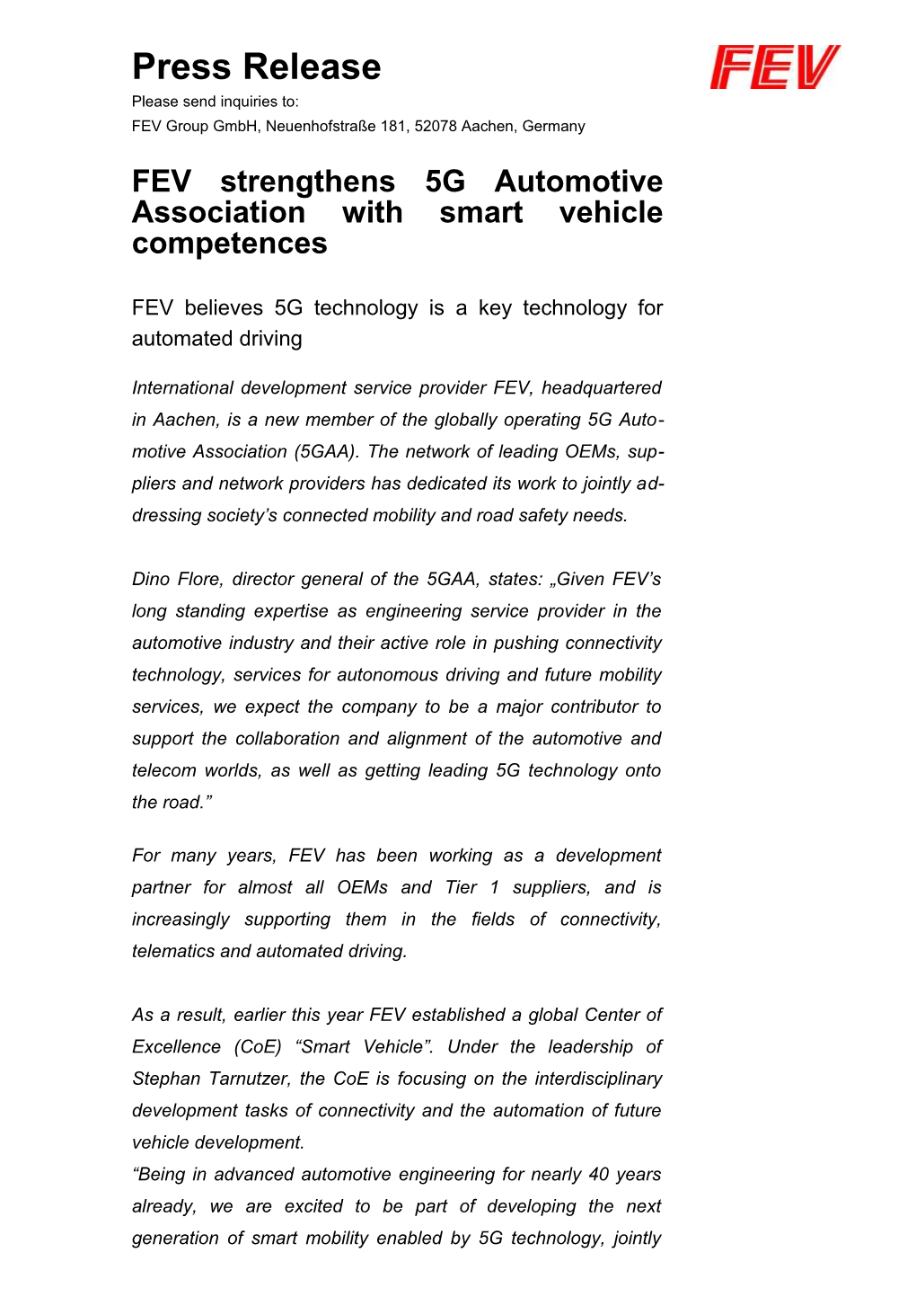 FEV Strengthens 5G Automotive Association with Smart Vehicle Competences