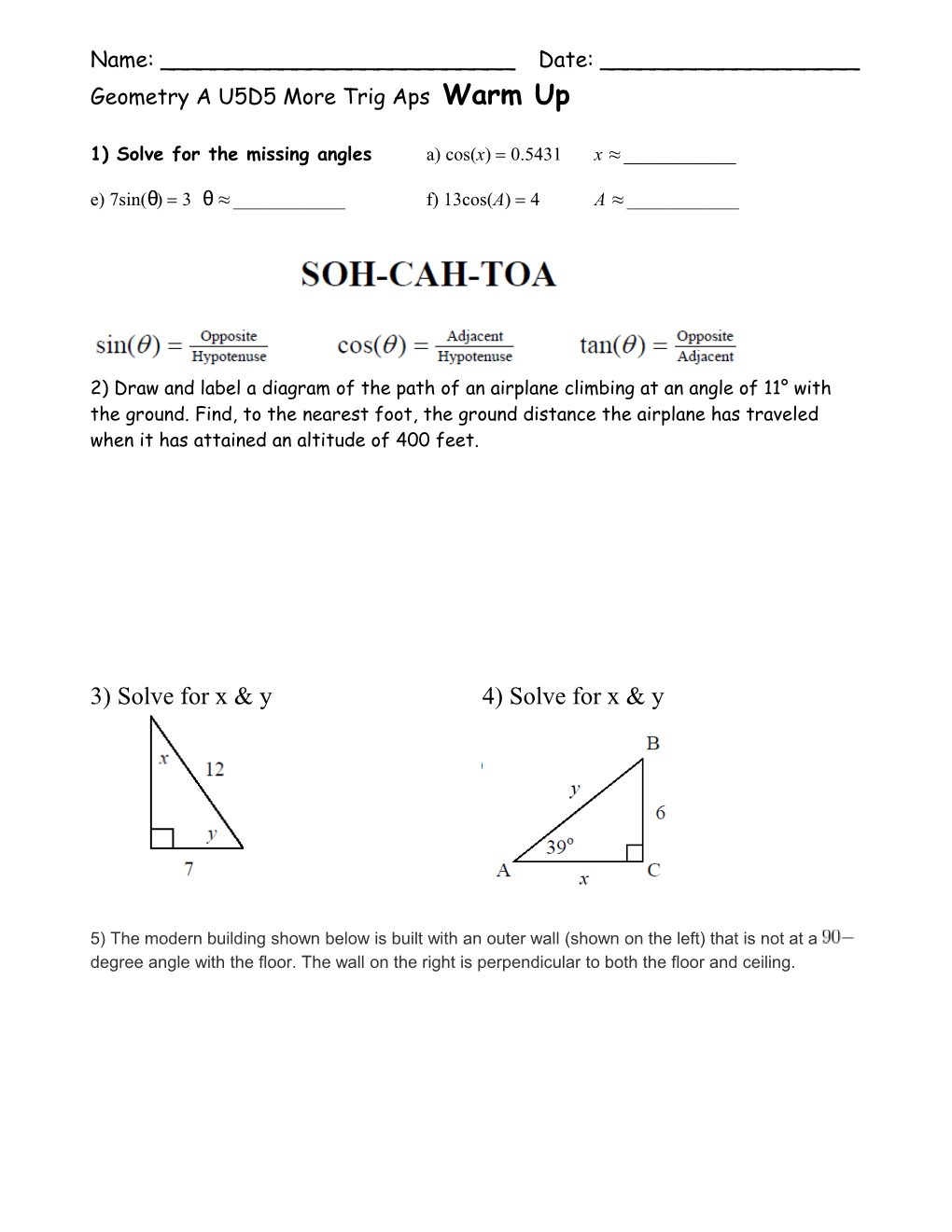 Geometry a U5D5 More Trig Apswarm Up