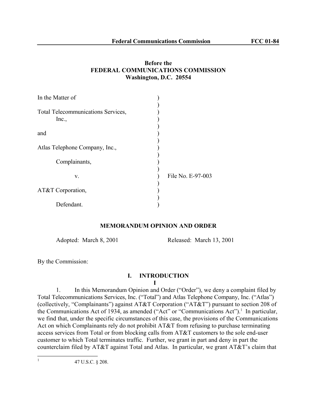 Federal Communications Commission FCC 01-84