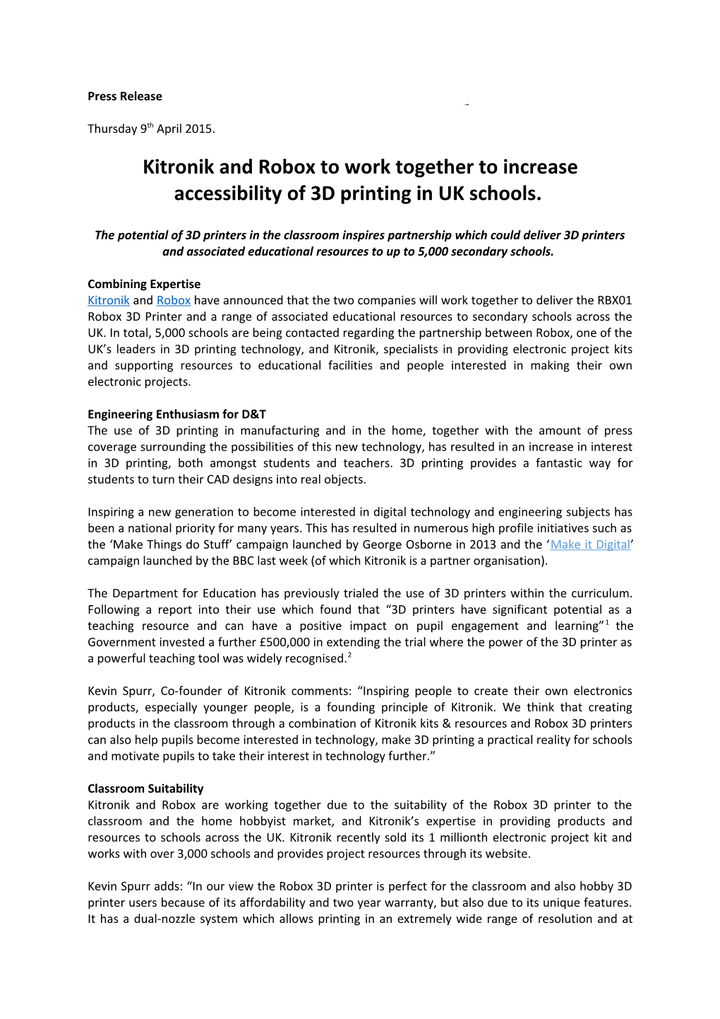 Kitronik and Robox to Work Togetherto Increase Accessibility of 3D Printing in UK Schools