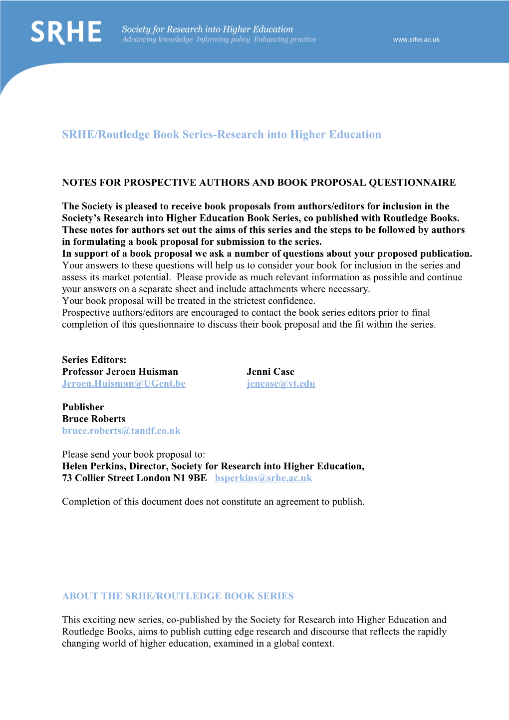 SRHE/Routledge Book Series-Research Into Higher Education