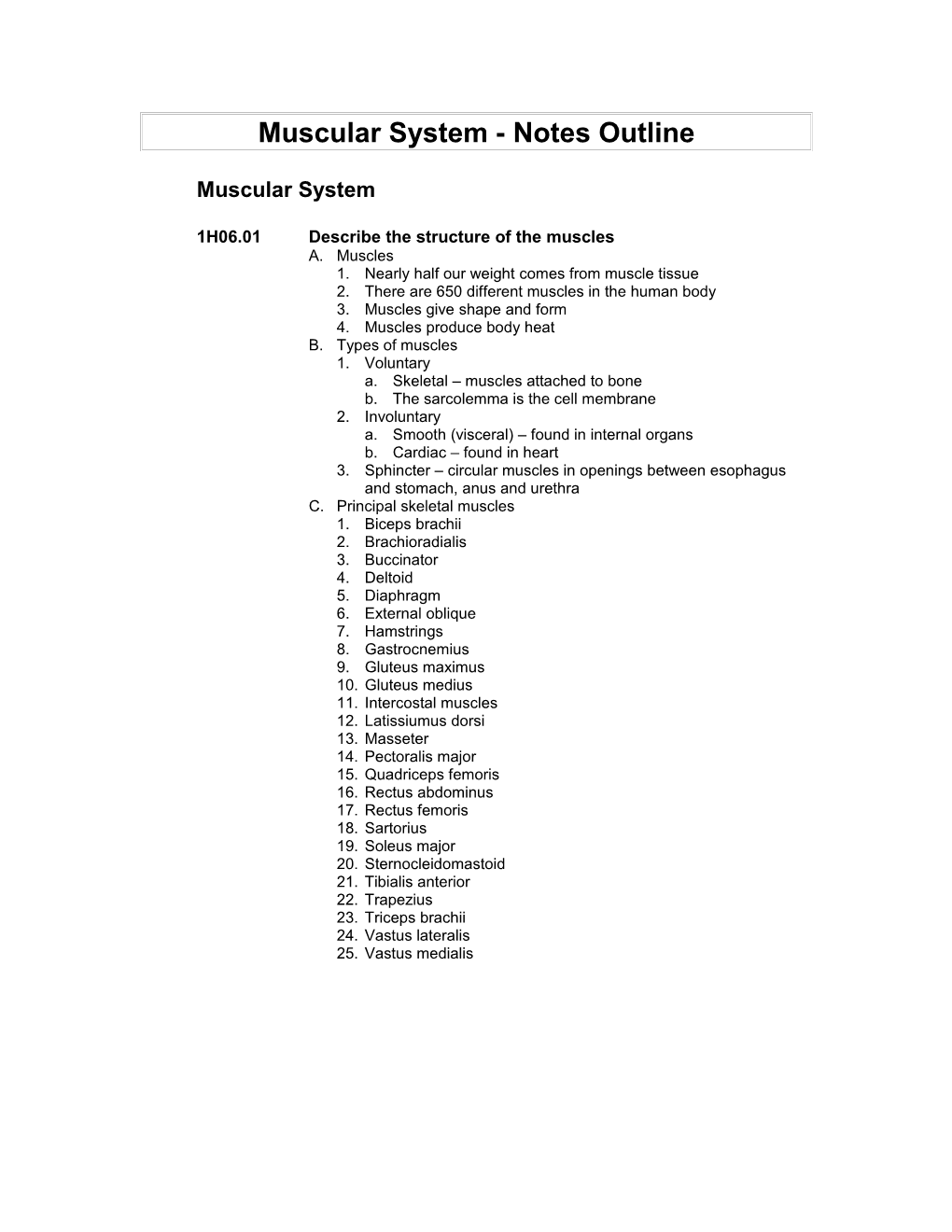 Muscular System - Notes Outline