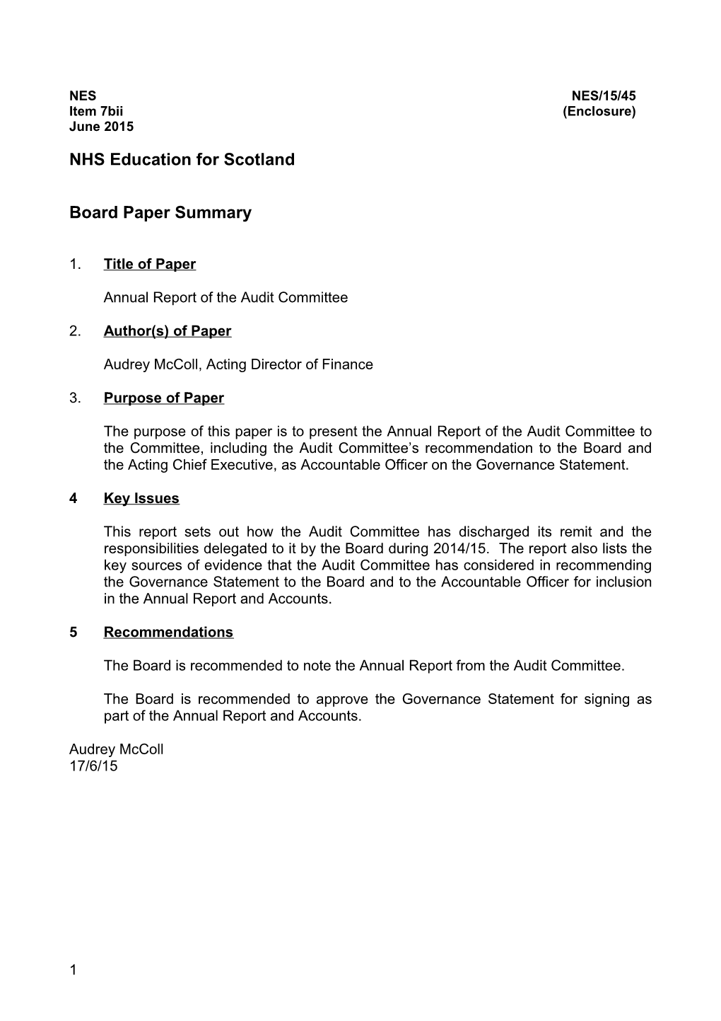 Suggested Format for Annual Reports from Governance Committees of the Board to the Audit