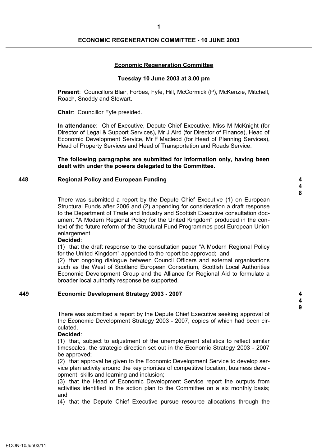 Economic Regeneration Committee - 10 June 2003