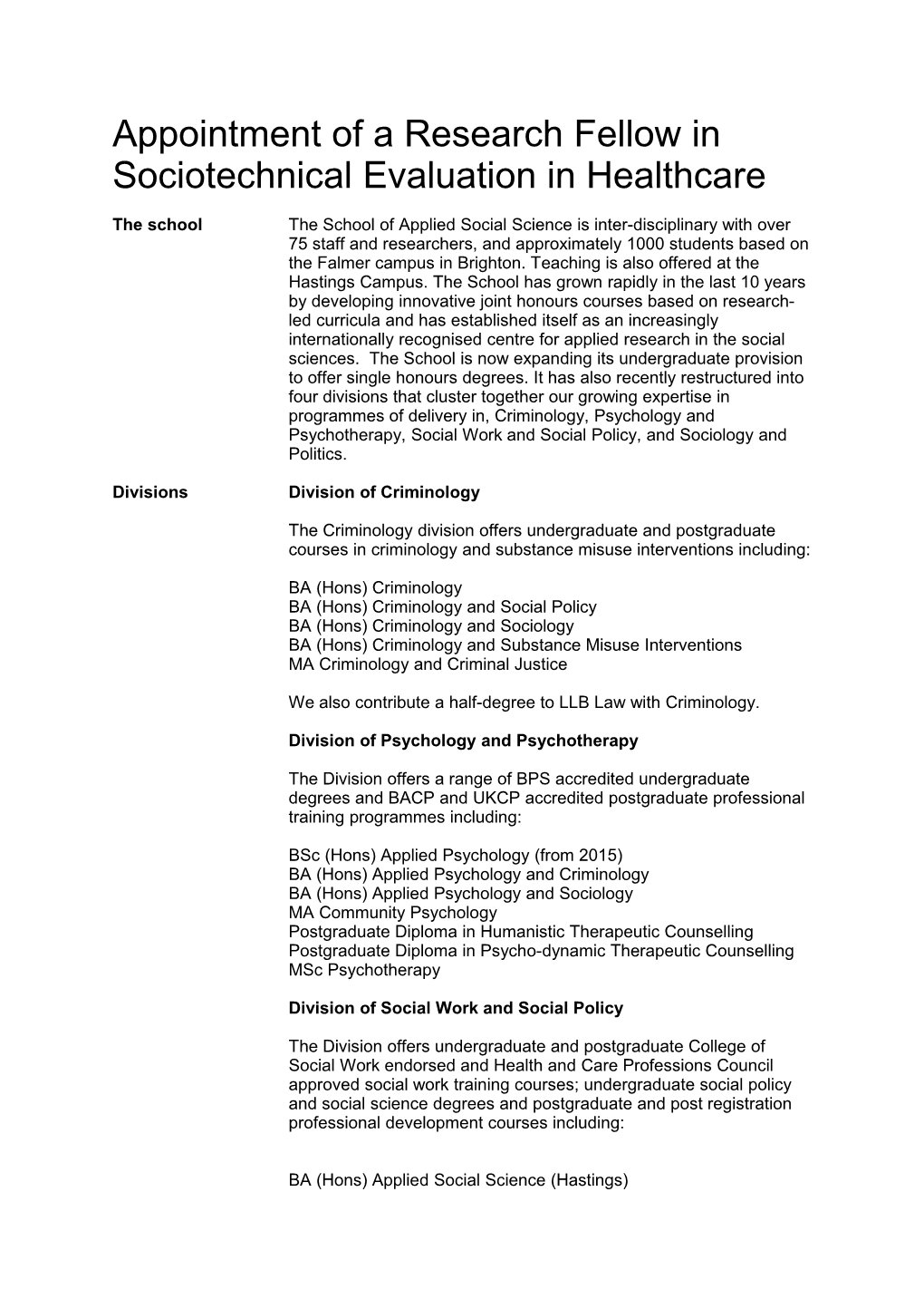 Appointment of a Research Fellow in Sociotechnical Evaluation in Healthcare