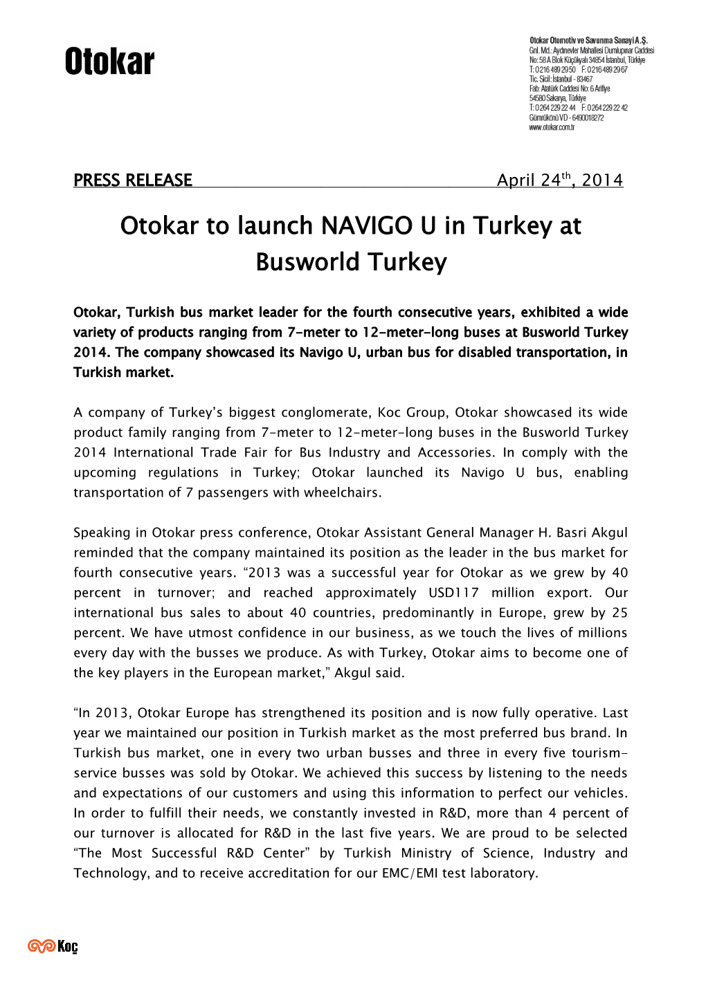 Otokar to Launch NAVIGO U in Turkey at Busworld Turkey