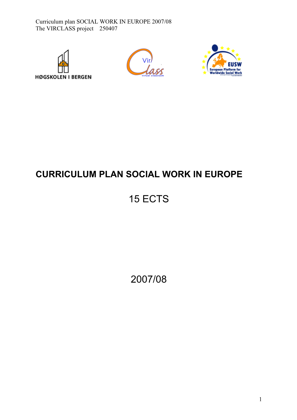 Curriculum Plan SOCIAL WORK in EUROPE 2007/08