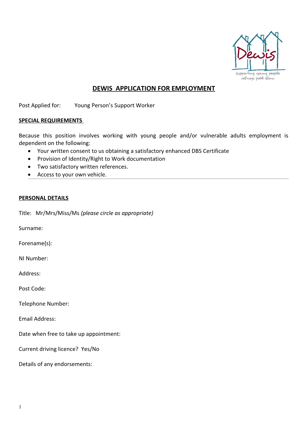 Dewis Application for Employment
