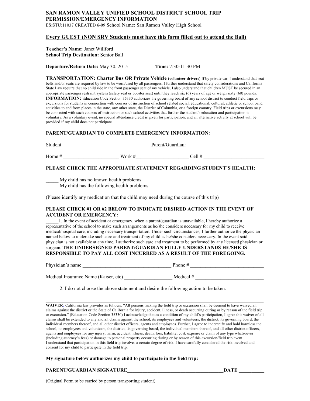 San Ramon Valley Unified School District School Trip Permission/Emergency Information