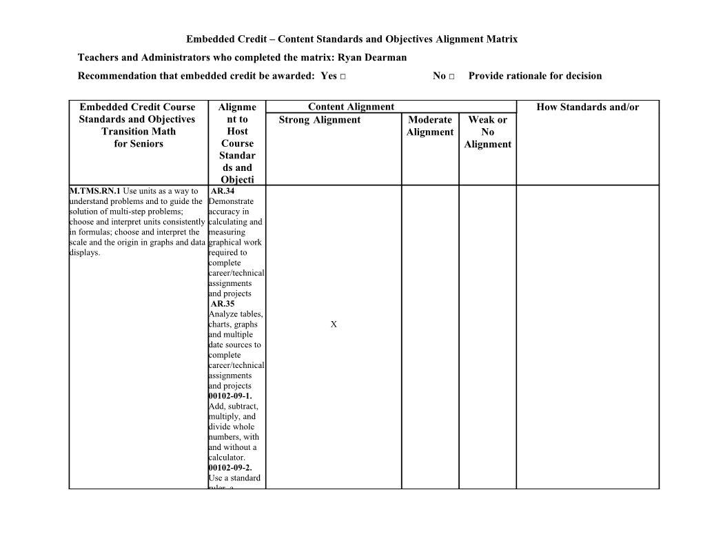 Embeddedcredit Contentstandardsandobjectivesalignmentmatrix