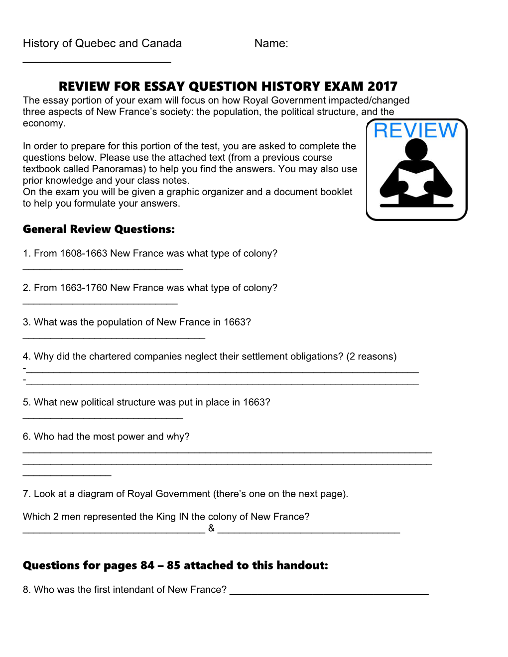 Name: ______ Review for Essay on Royal Government