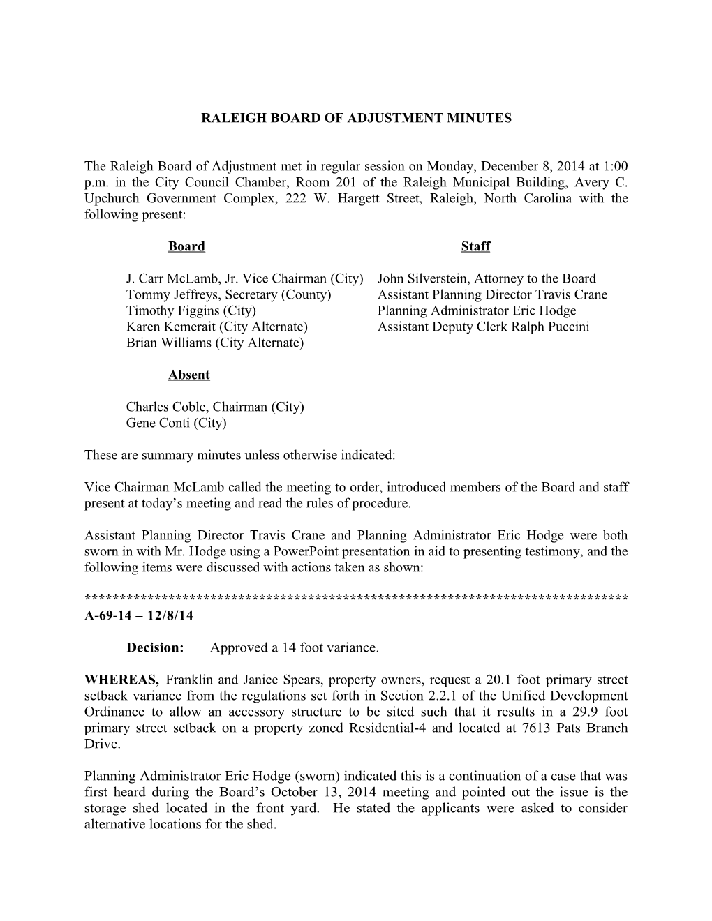 Raleigh Board of Adjustment Minutes - 12/08/2014