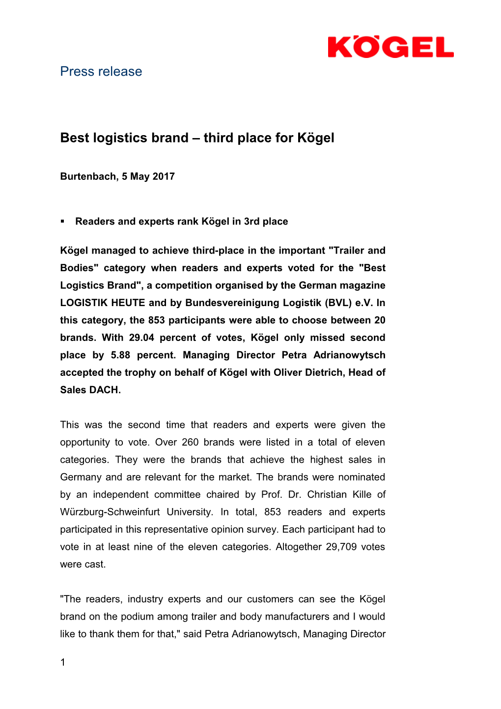 Best Logistics Brand Third Place for Kögel