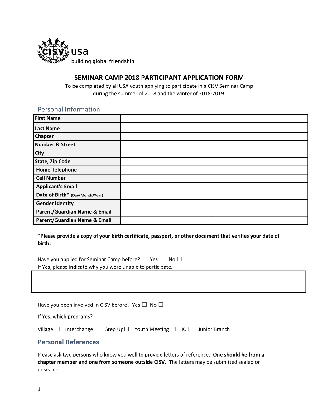 Seminar Camp 2018 Participant Application Form