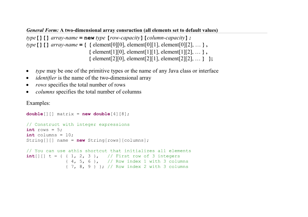 General Form: a Two-Dimensional Array Consruction (All Elements Set to Default Values)