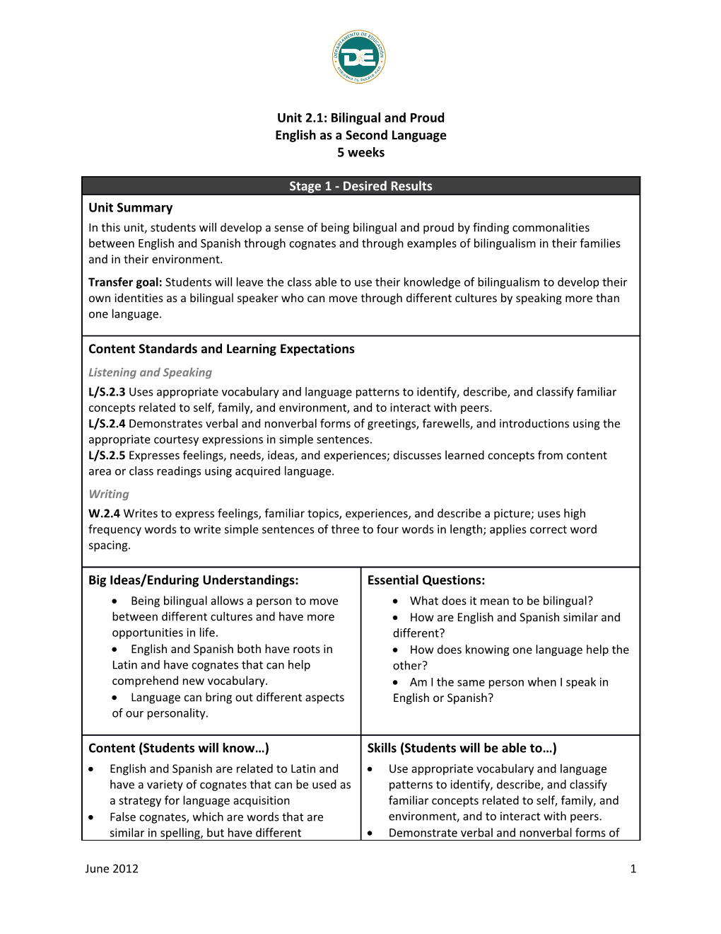 Content Standards and Learning Expectations