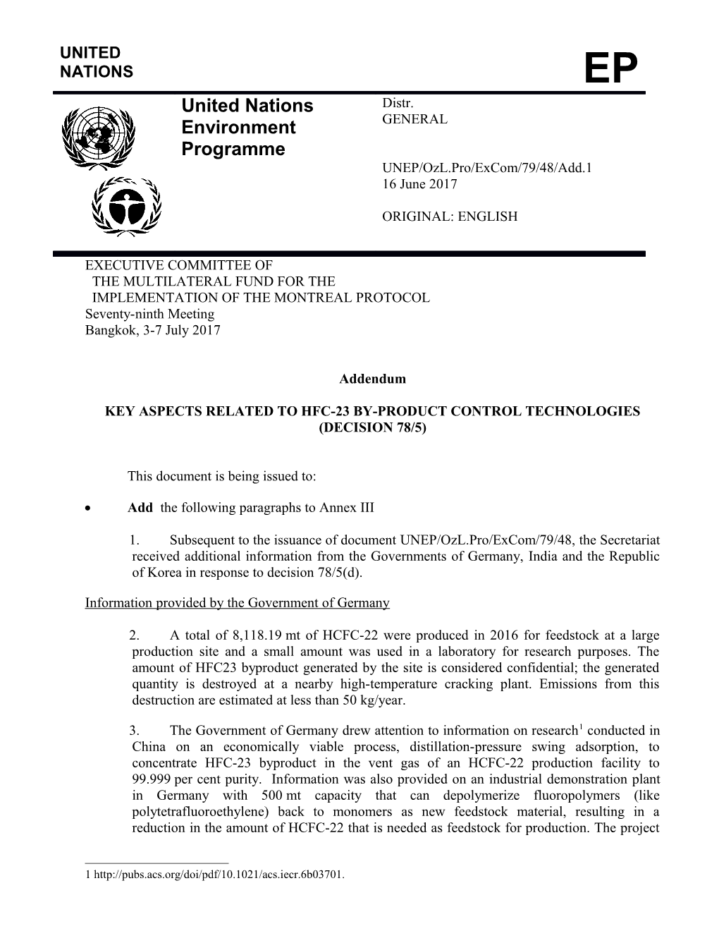 Key Aspects Related to HFC-23 By-Product Control Technologies (Decision 78/5)