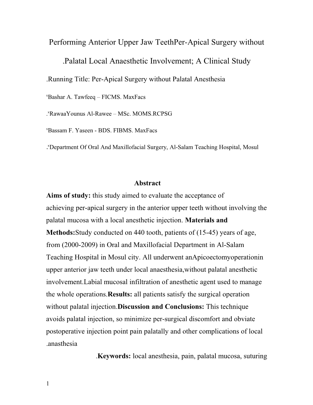 Running Title: Per-Apical Surgery Without Palatal Anesthesia