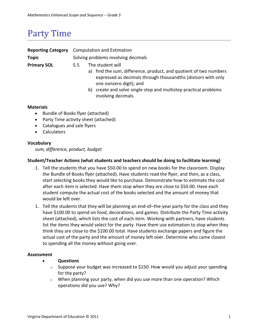 Mathematics Enhanced Scope and Sequence Grade 5