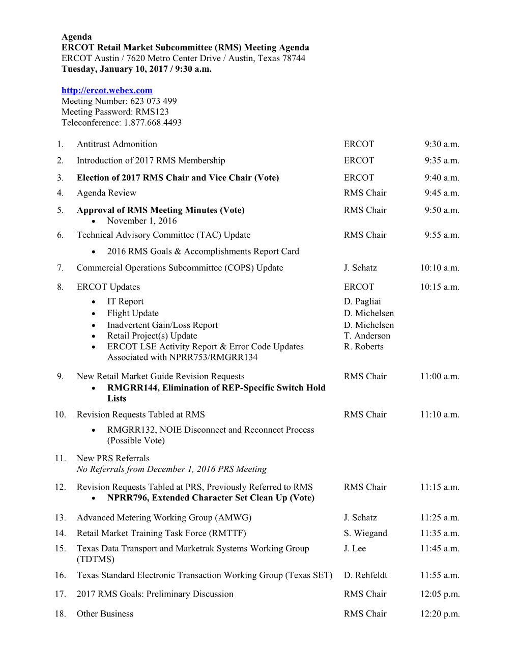 ERCOT Retail Market Subcommittee (RMS) Meeting Agenda