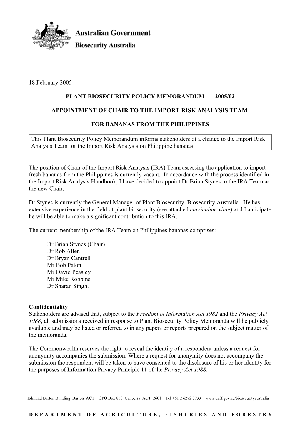 Plant Biosecurity Policy Memorandum 2005/02