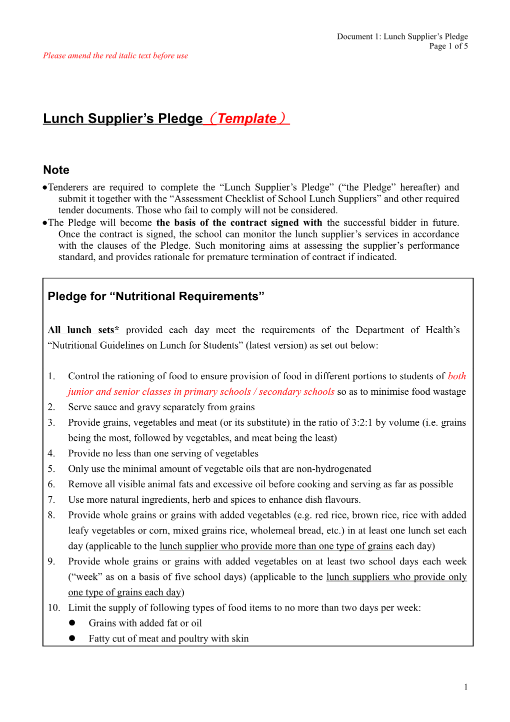 Lunch Supplier's Pledge (Template)