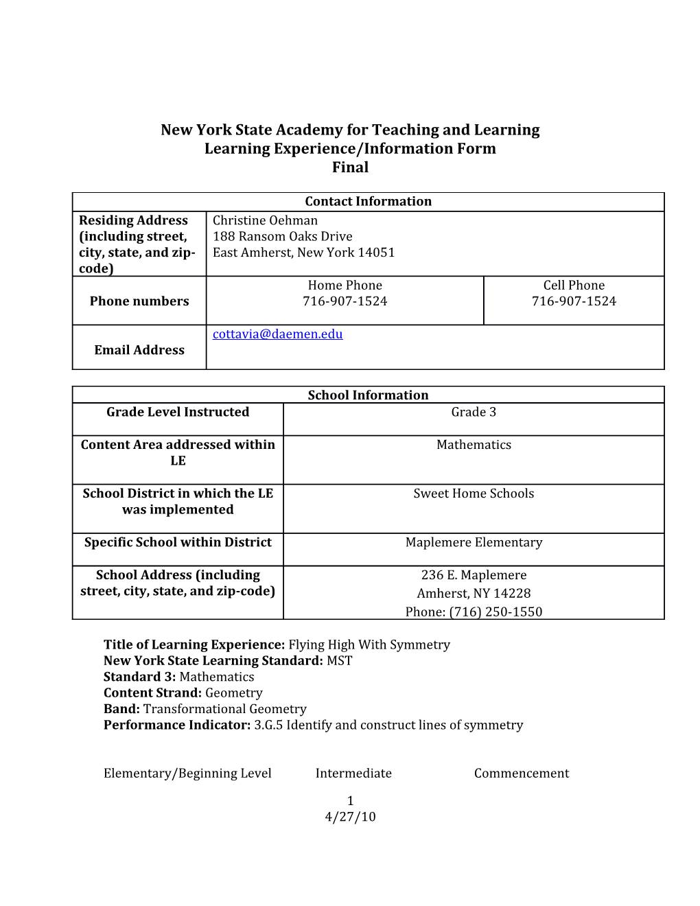 Learning Experience/Information Form