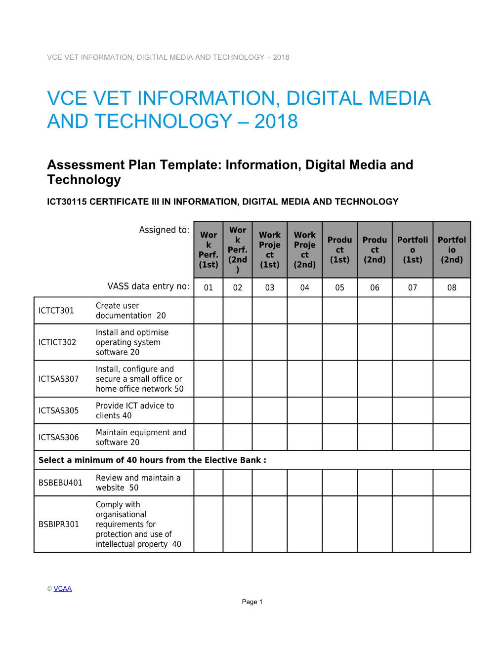 VCE VET; Information, Digital Media and Technology - Assessment Plan - Template and Sample