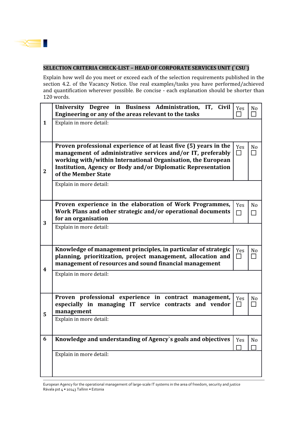 Selection Criteria Check-List Head Ofcorporate Services Unit ( Csu )