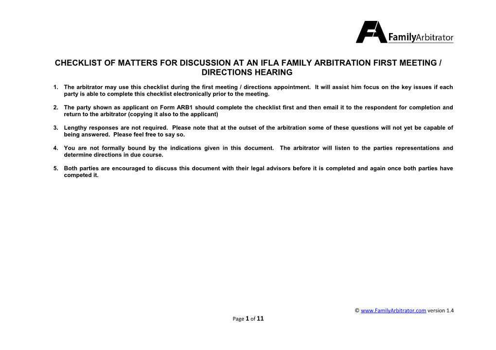 Checklist of Matters for Discussion at an Ifla Family Arbitrationfirst Meeting / Directions