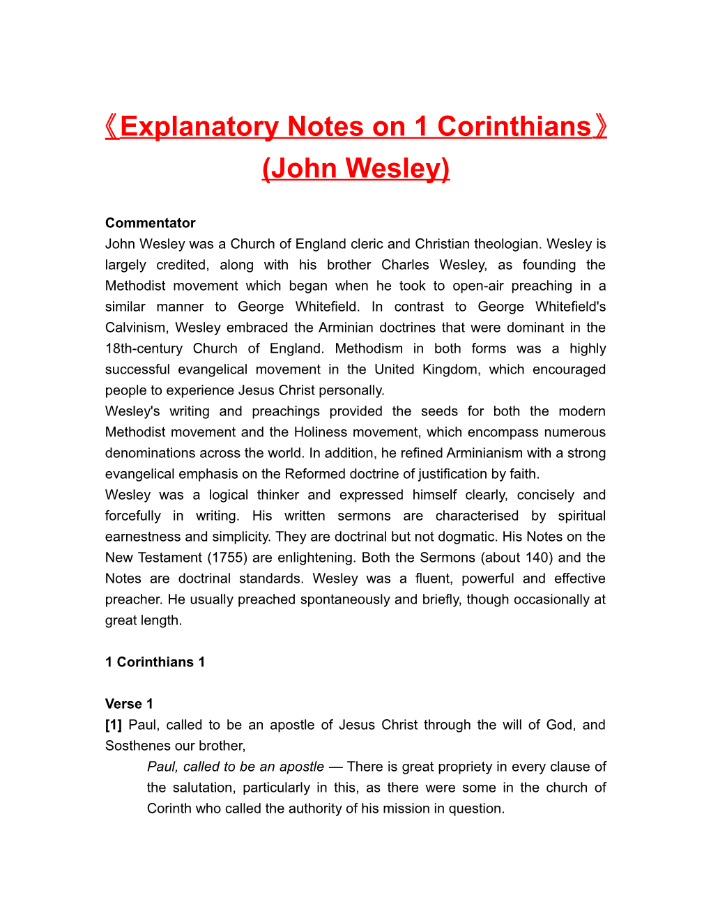 Explanatory Notes on 1 Corinthians (John Wesley)