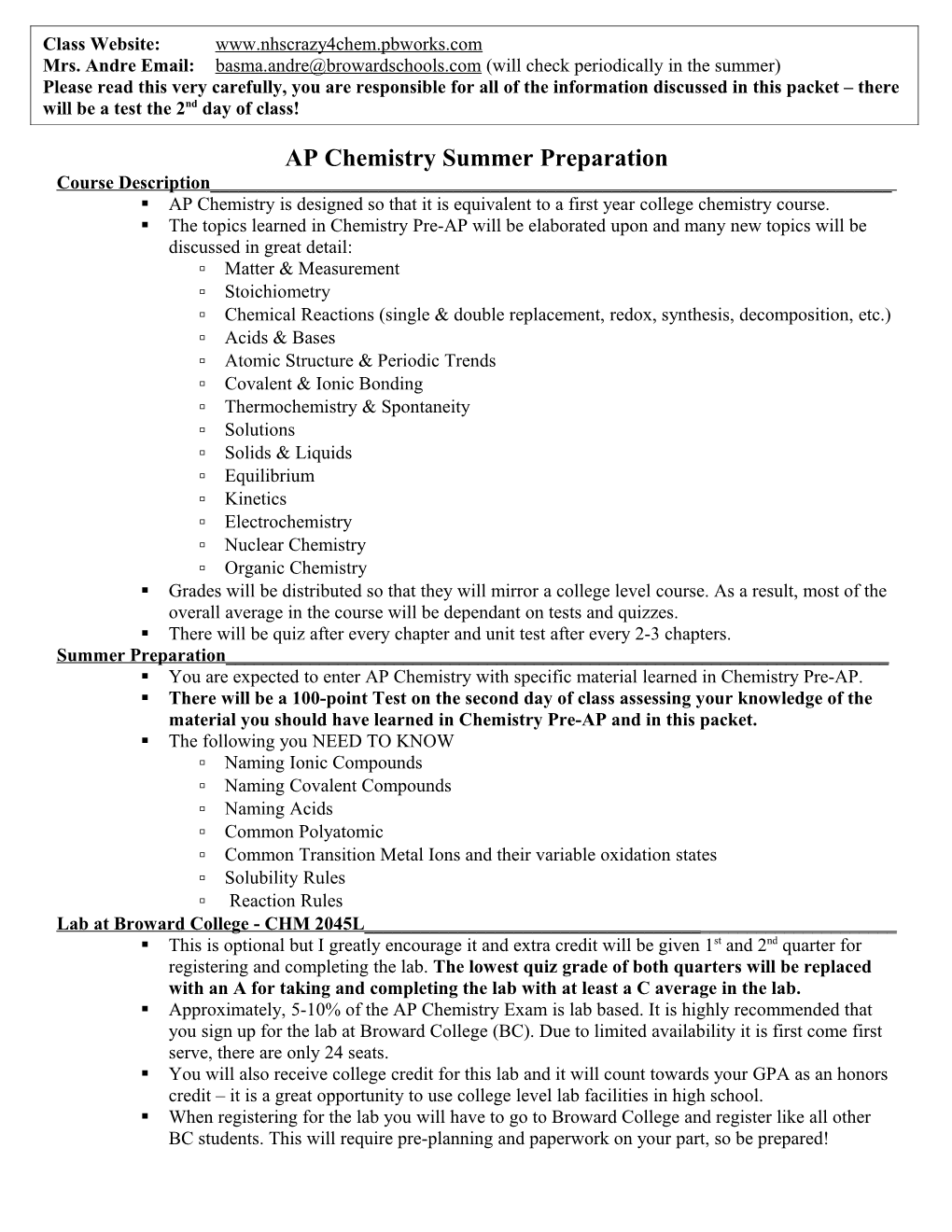 AP Chemistry Summer Preparation