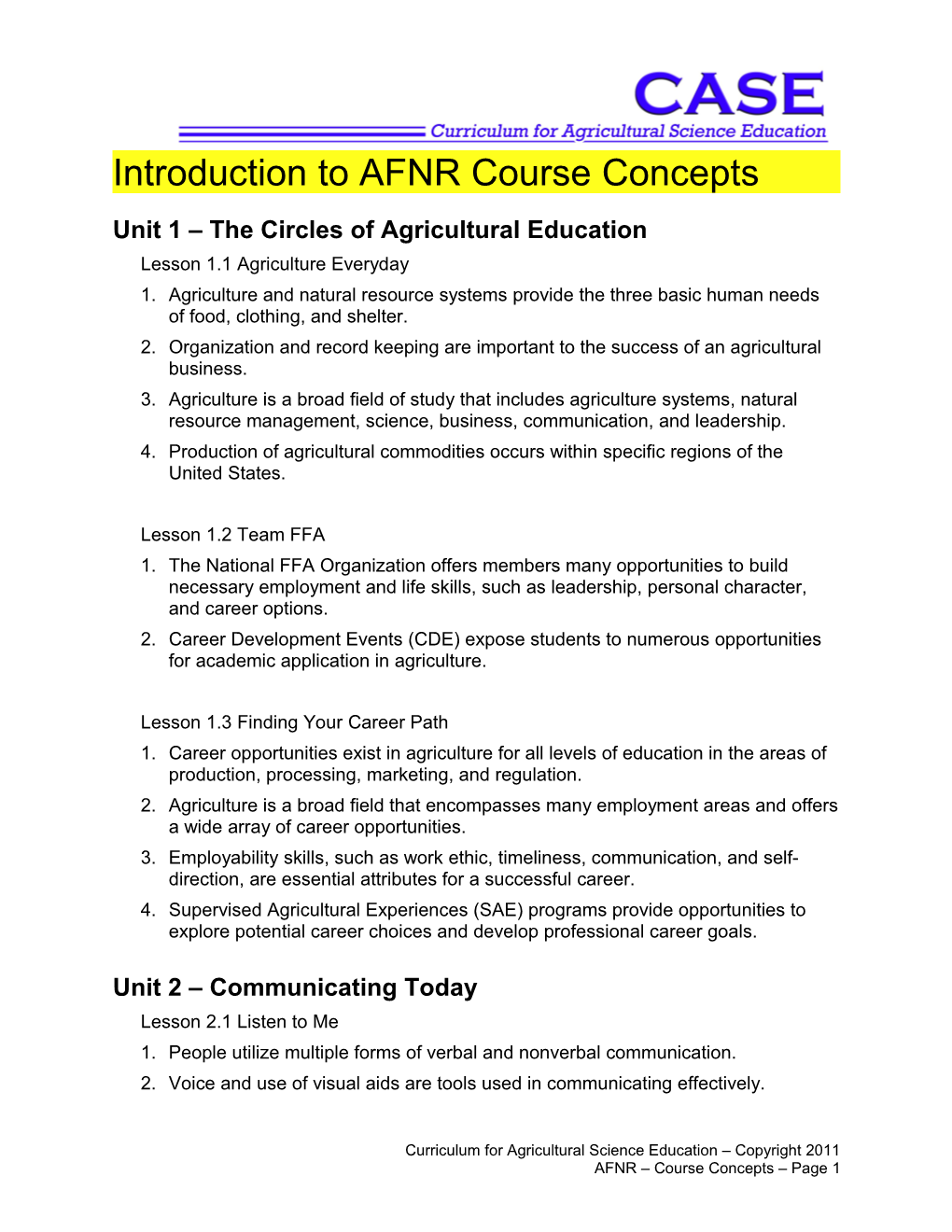 Intro to AFNR Course Outline