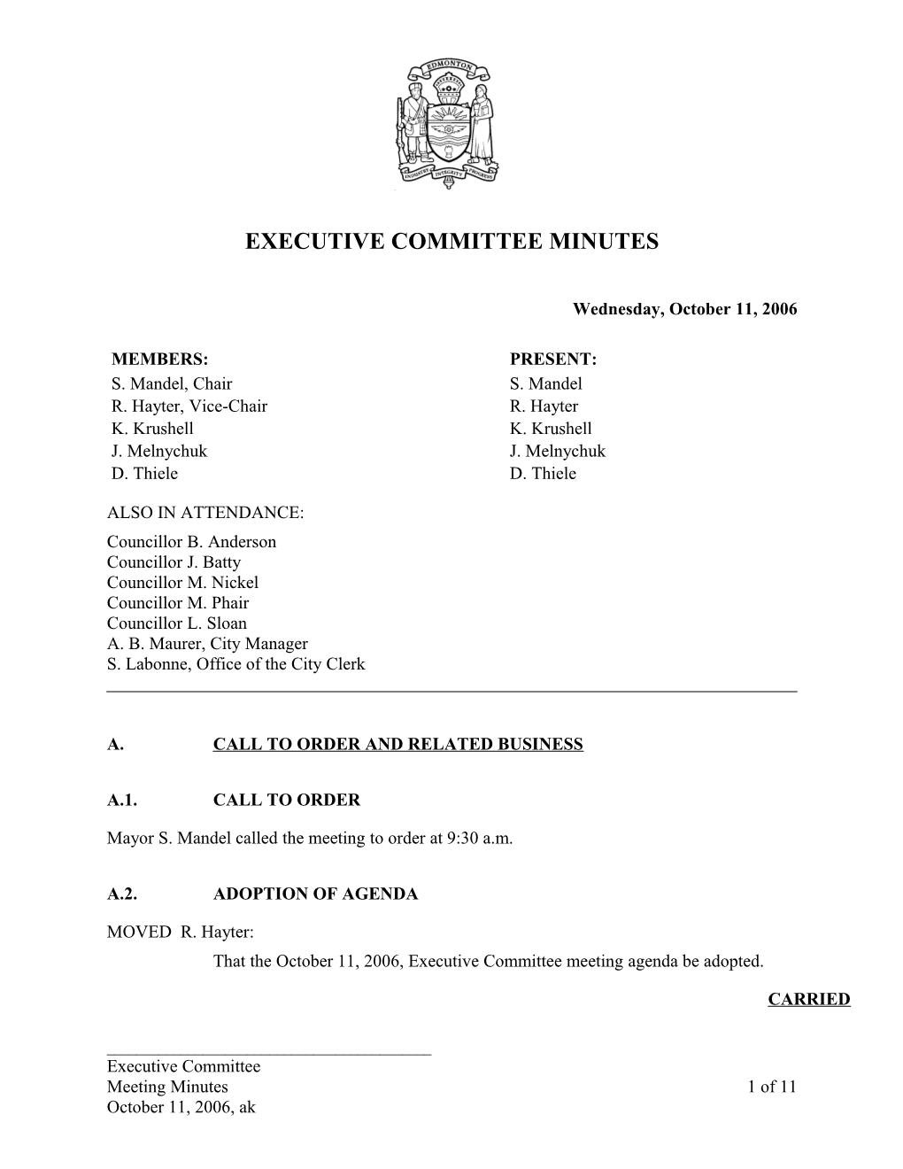 Minutes for Executive Committee October 11, 2006 Meeting