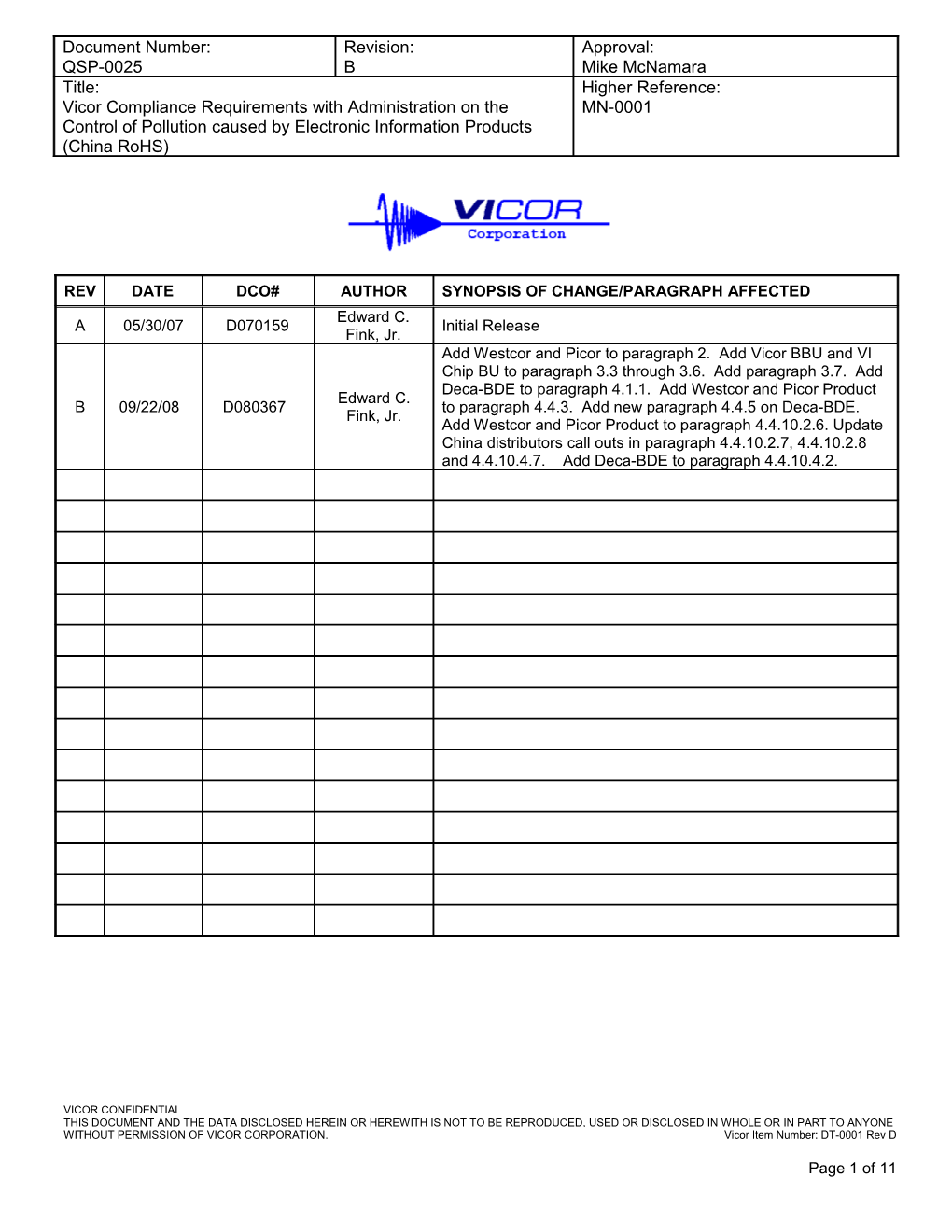 1.PURPOSE: in Conjunction with QSP-0029, This Document Provides Vicor Compliance with The