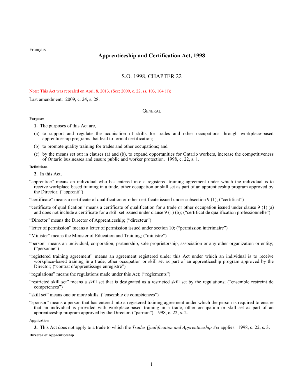 Apprenticeship and Certification Act, 1998, S.O. 1998, C. 22