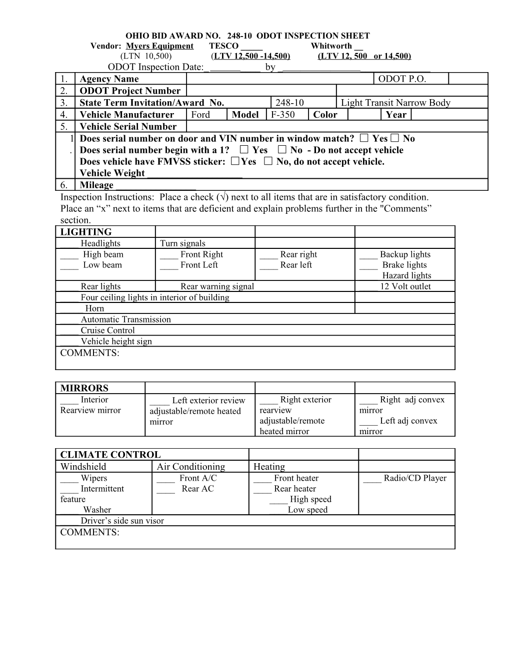Ohio Bid Award No. 248-10 Odot Inspection Sheet