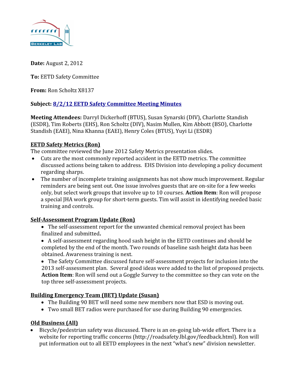 Subject:8/2/12 EETD Safety Committee Meeting Minutes