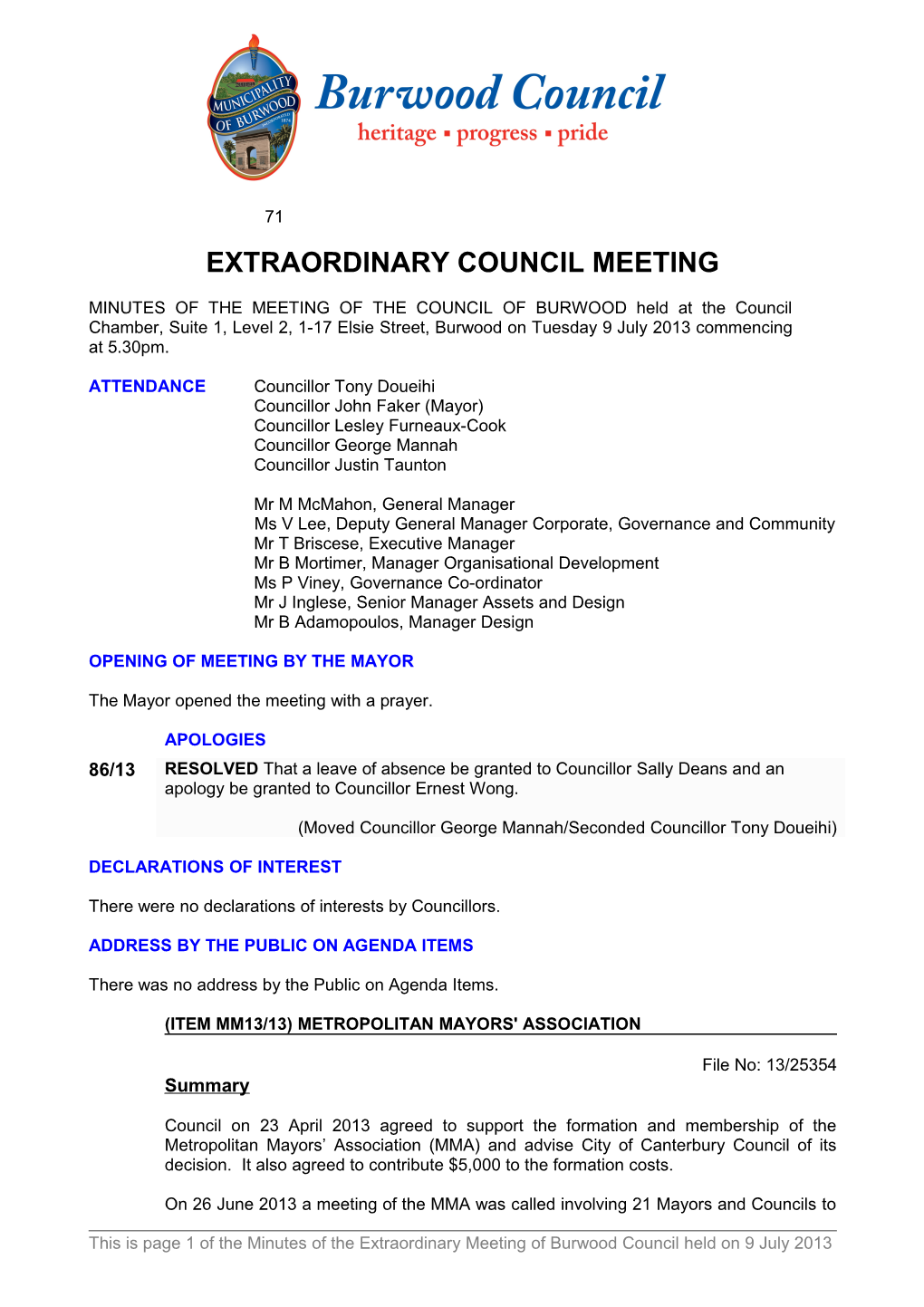 Minutes of Extraordinary Council Meeting - 9 July 2013