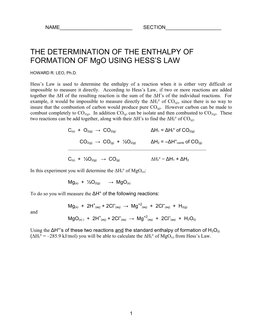 THE DETERMINATION of the ENTHALPY of FORMATION of Mgo USING HESS S LAW