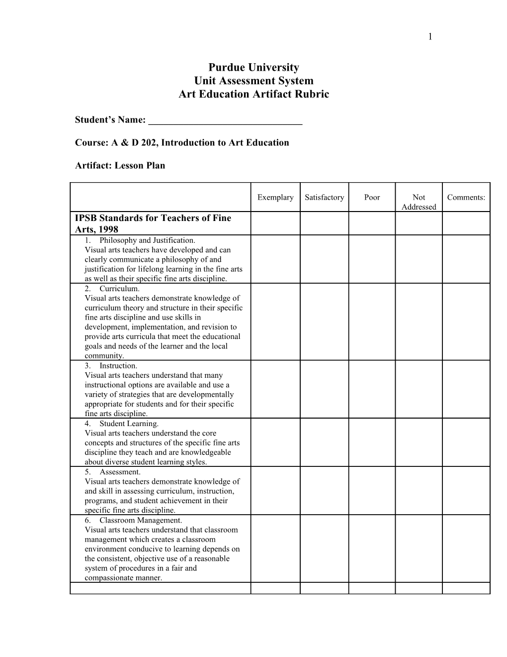 Art Education Artifact Rubric